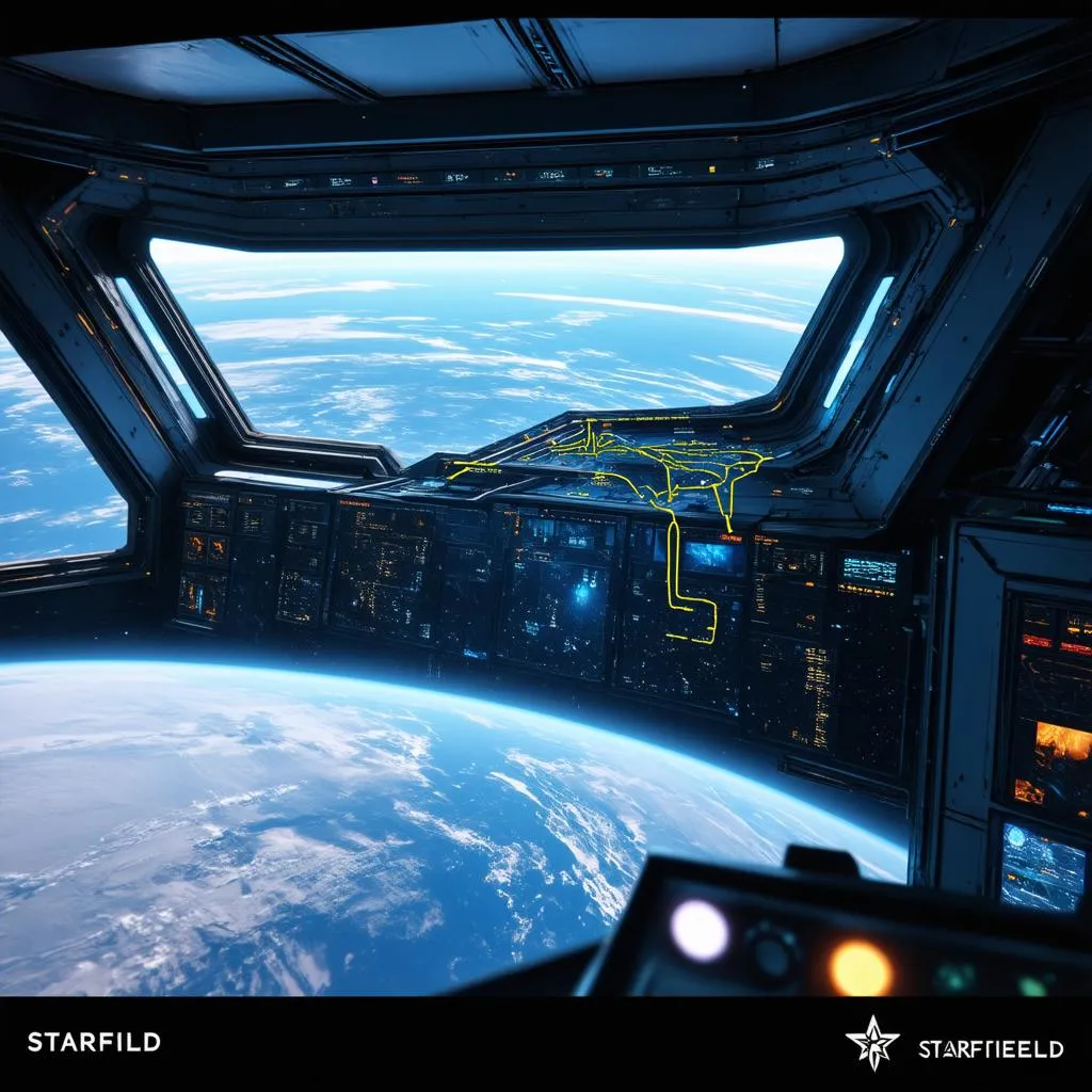 Starfield fast travel map on a spaceship console