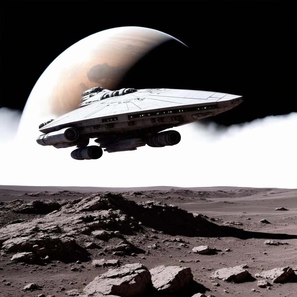 Spaceship landing on a barren planet in Starfield