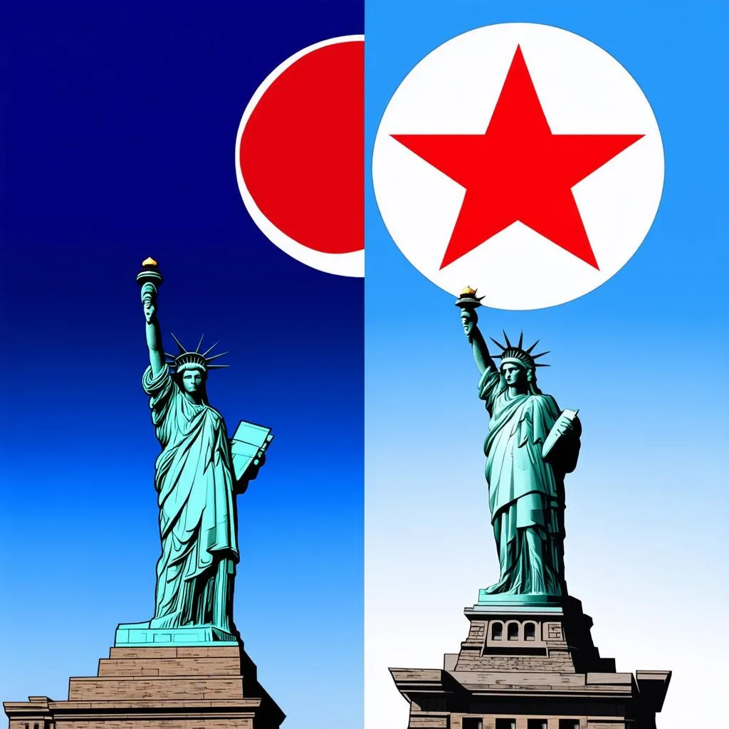 Statue of Liberty and North Korean Flag