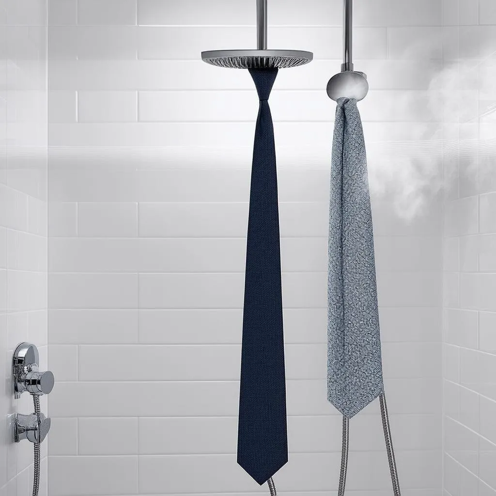 a tie hanging in a bathroom with steam filling the room