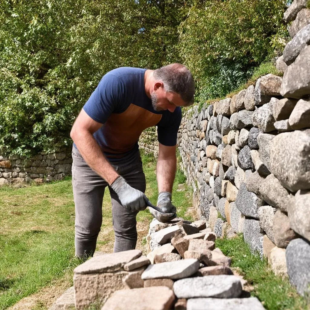 Skilled Stonemason Building a Stone Wall