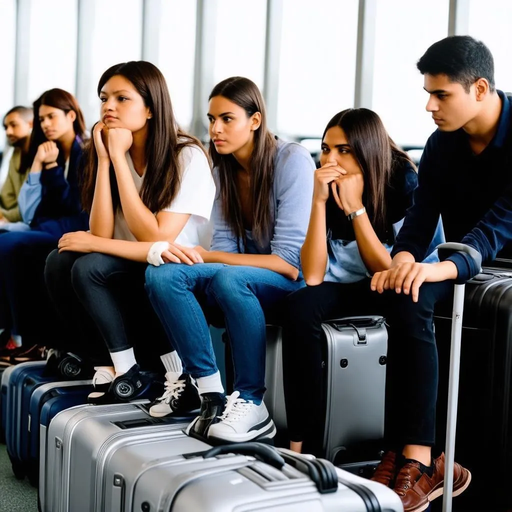 Stranded travelers sitting on their luggage at the airport