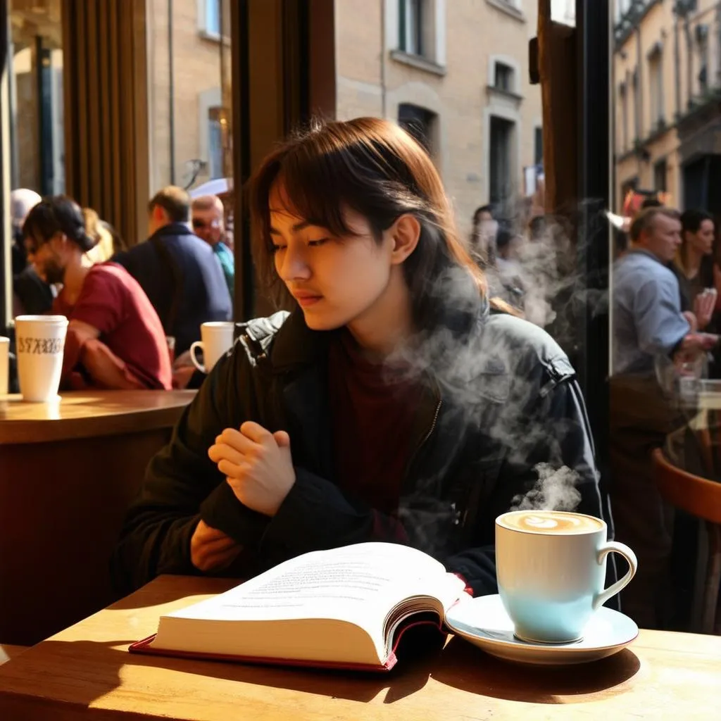 student studying in a cafe