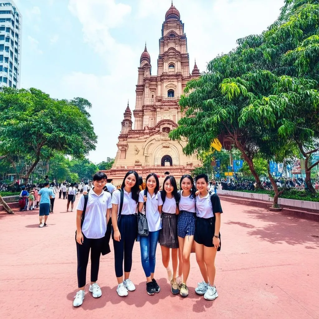 a small group of students exploring a famous landmark in Ho Chi Minh City