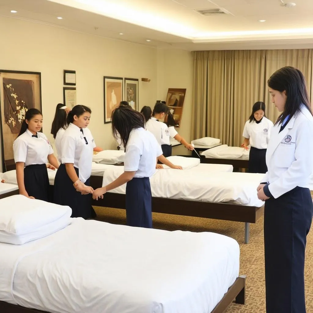 Students in a brightly lit classroom practicing hospitality skills on model hotel beds