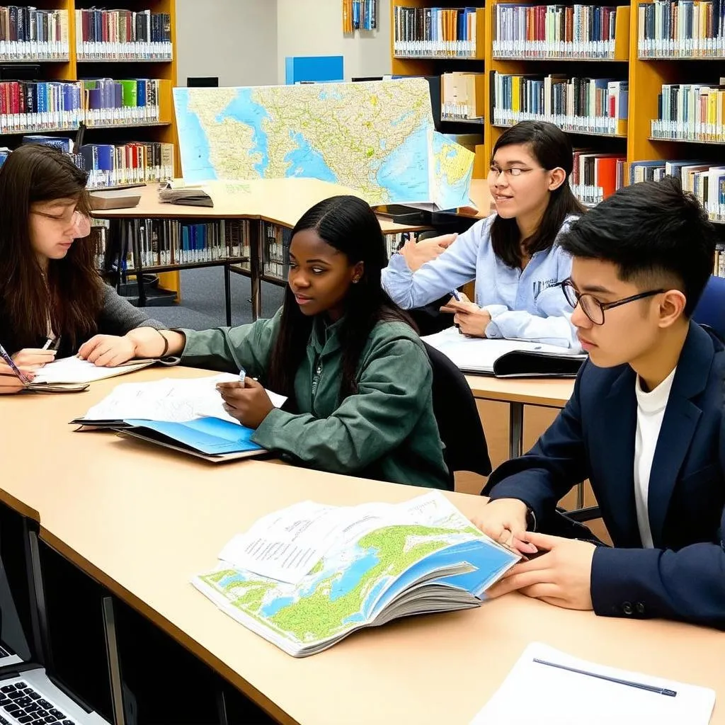 Students Studying Tourism in a Library