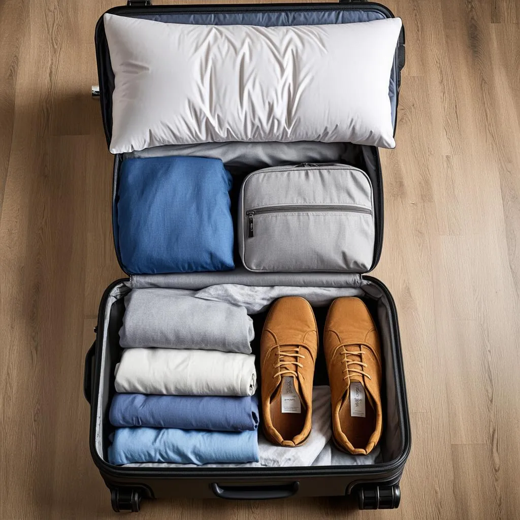 A suitcase packed with clothes and travel essentials