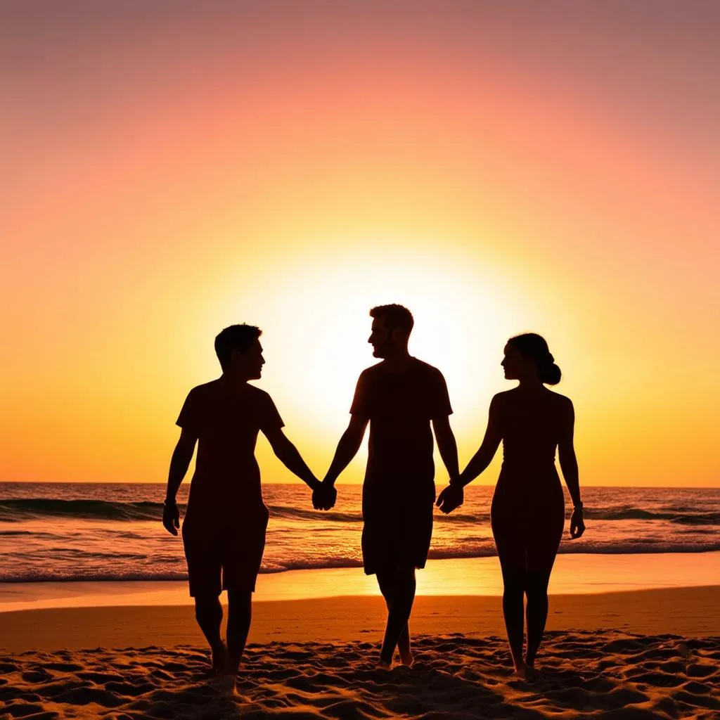 Couple walking on the beach at sunset