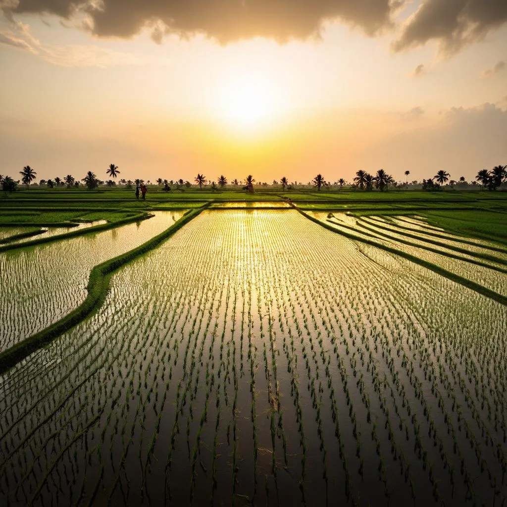 Golden sunset over rice paddies in Cam Binh