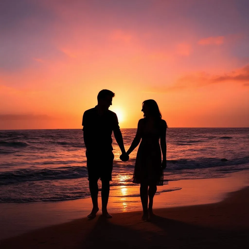 couple silhouette on beach at sunset