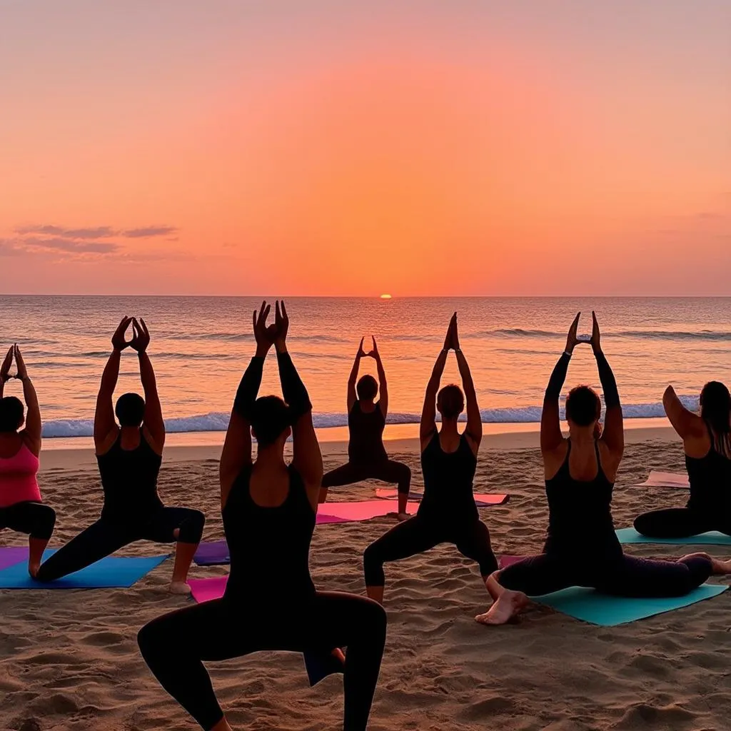 Group of people practicing yoga on the beach at sunset