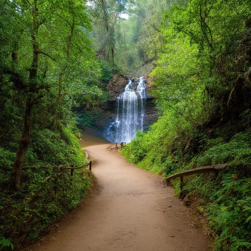 A path leading through a forest to Suoi O Waterfall