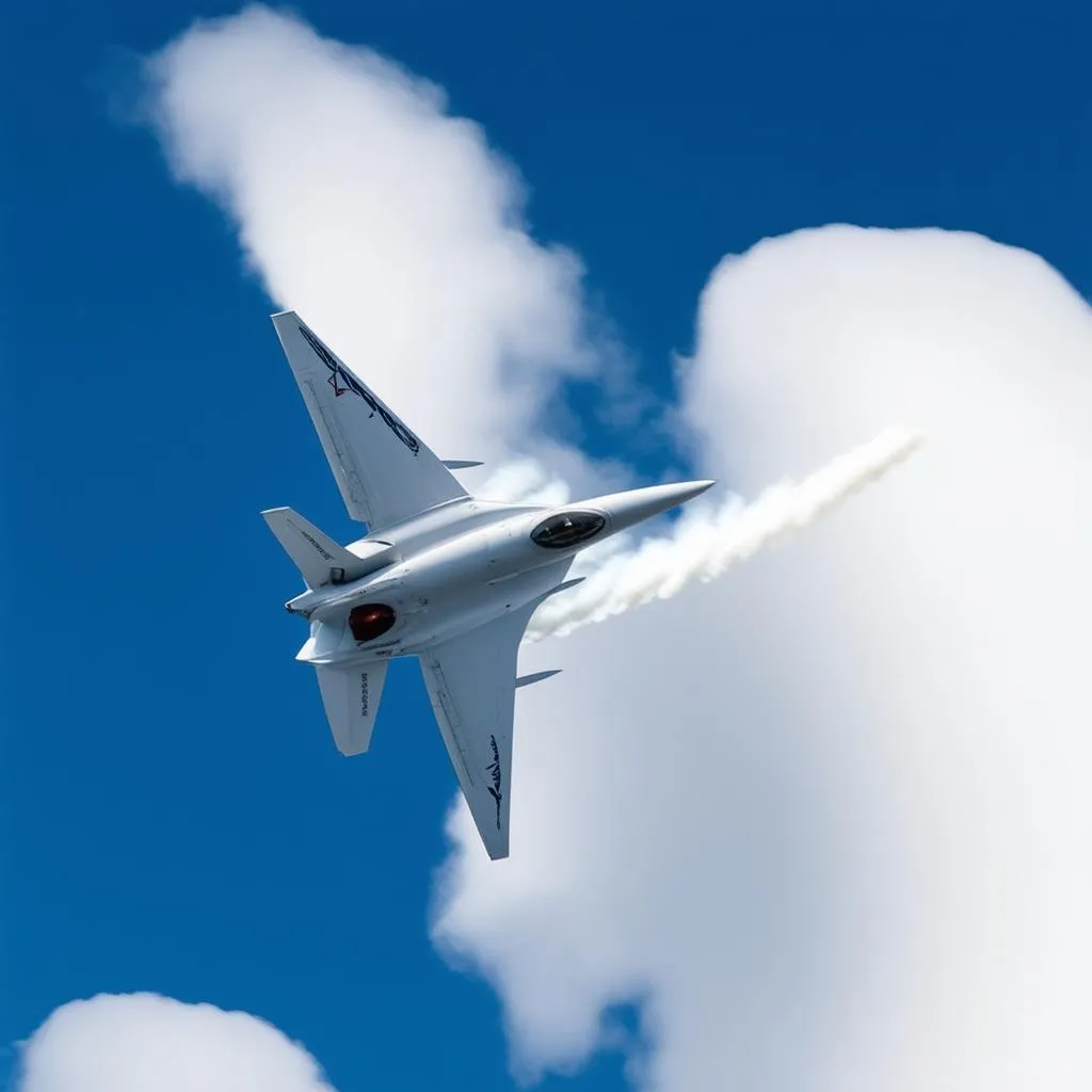 A white supersonic jet soaring through the clouds