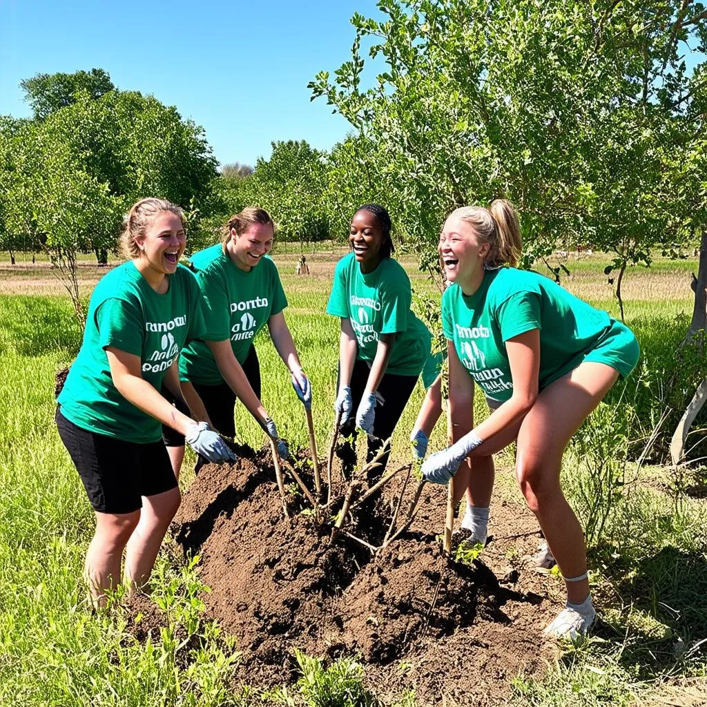 Group of friends volunteering in sustainable travel