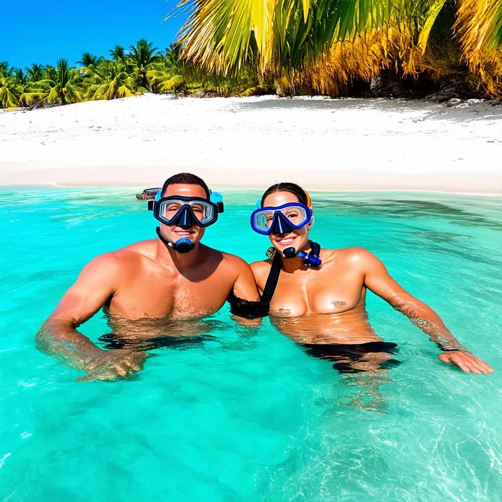 Couple swimming in turquoise water