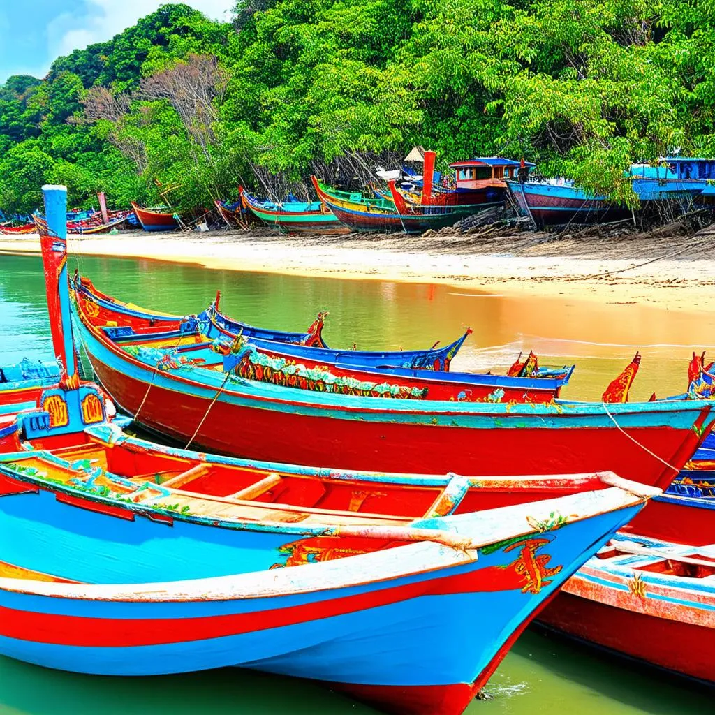 Colorful fishing boats anchored near Tan Thanh Beach