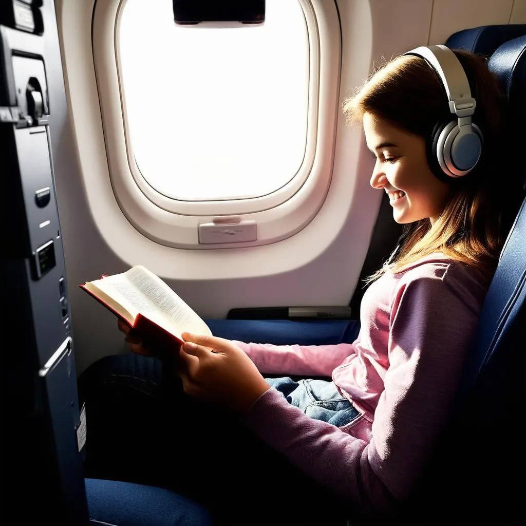 teenager reading on an airplane