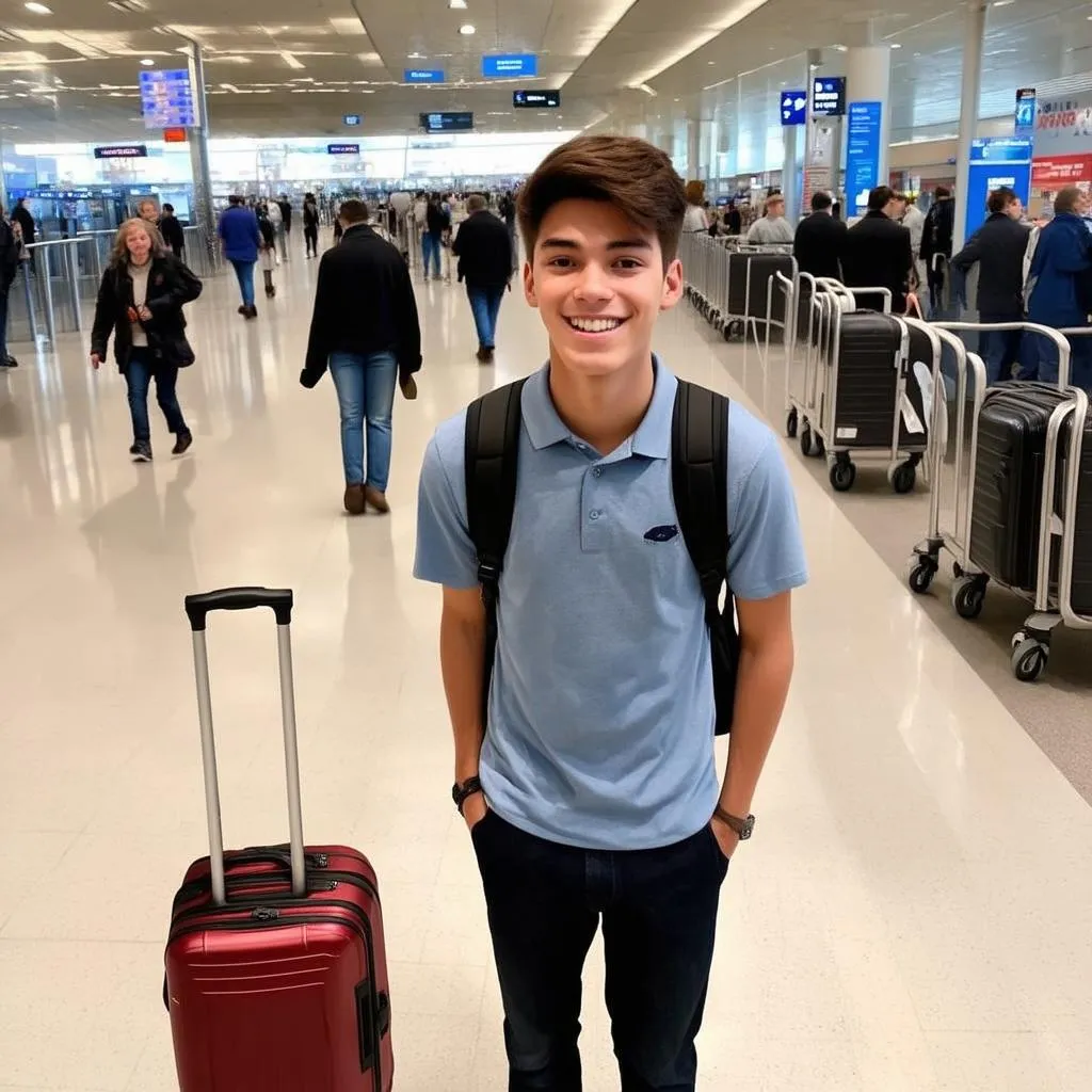 Happy teenager with backpack at the airport