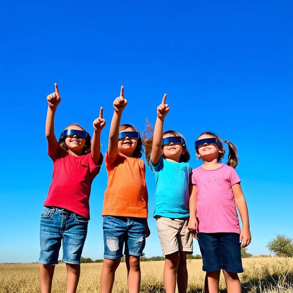 A family wearing eclipse glasses observes the total solar eclipse in Texas.