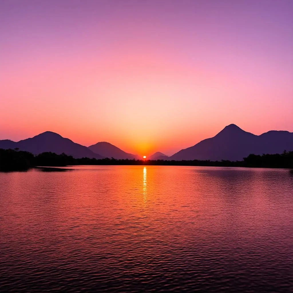 Sunset over Thac Mo Lake with silhouetted mountains