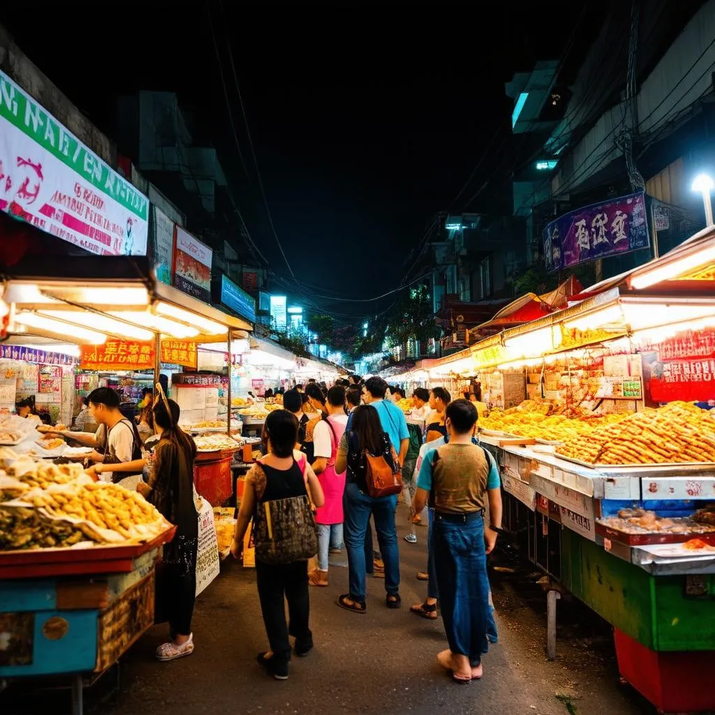 Bustling night market in Thailand with colorful lights and street food vendors