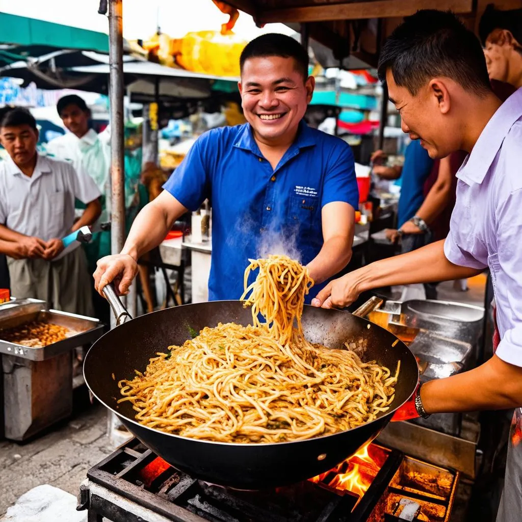 A Thai street food vendor cooks up some delicious looking food