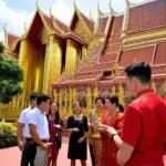 A tour guide explains the history of a Thai temple to a group of tourists