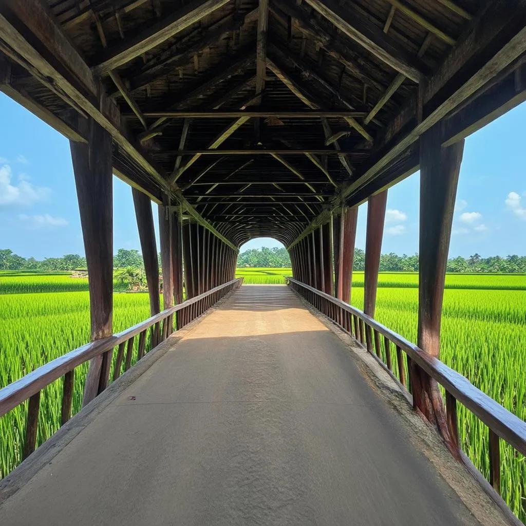 Covered wooden bridge over a river