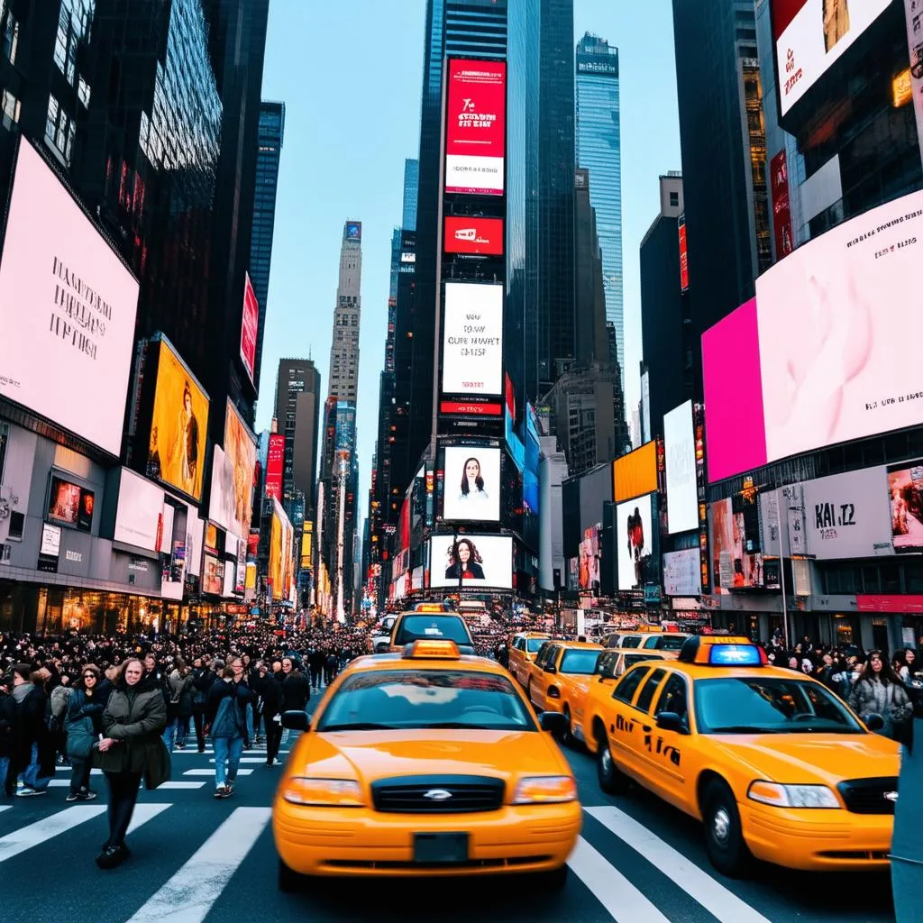 Times Square at night with bright lights and billboards