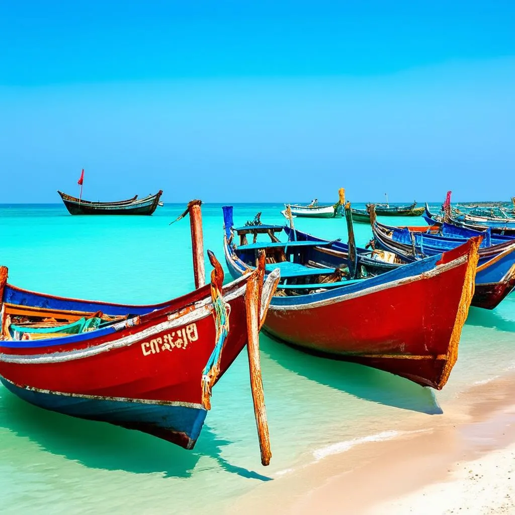 Traditional fishing boats at Tinh Gia Beach