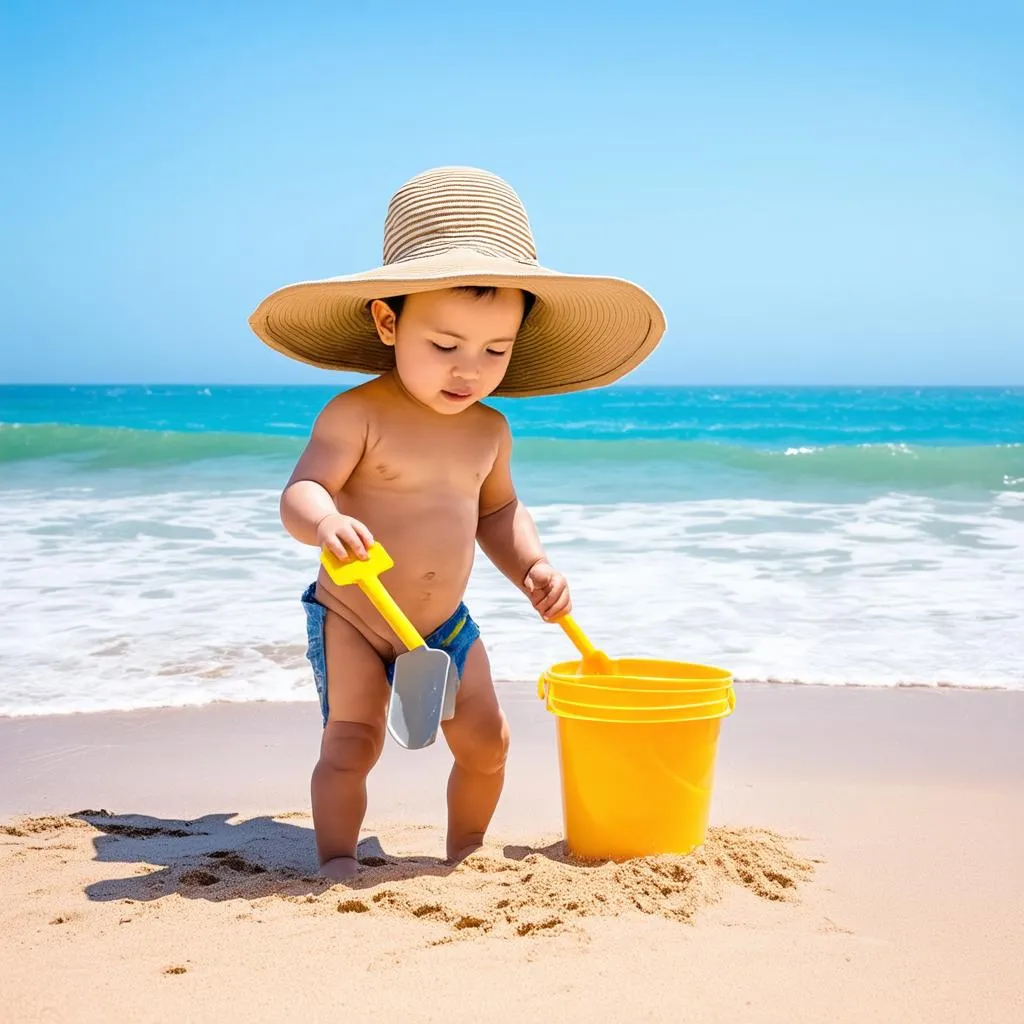 toddler playing on a beach