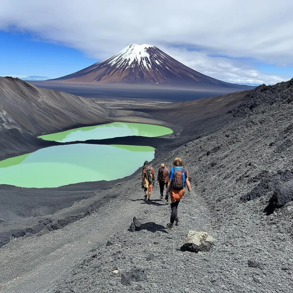 Hikers traverse the otherworldly landscape of Tongariro Alpine Crossing