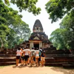 Group of tourists exploring ancient temple