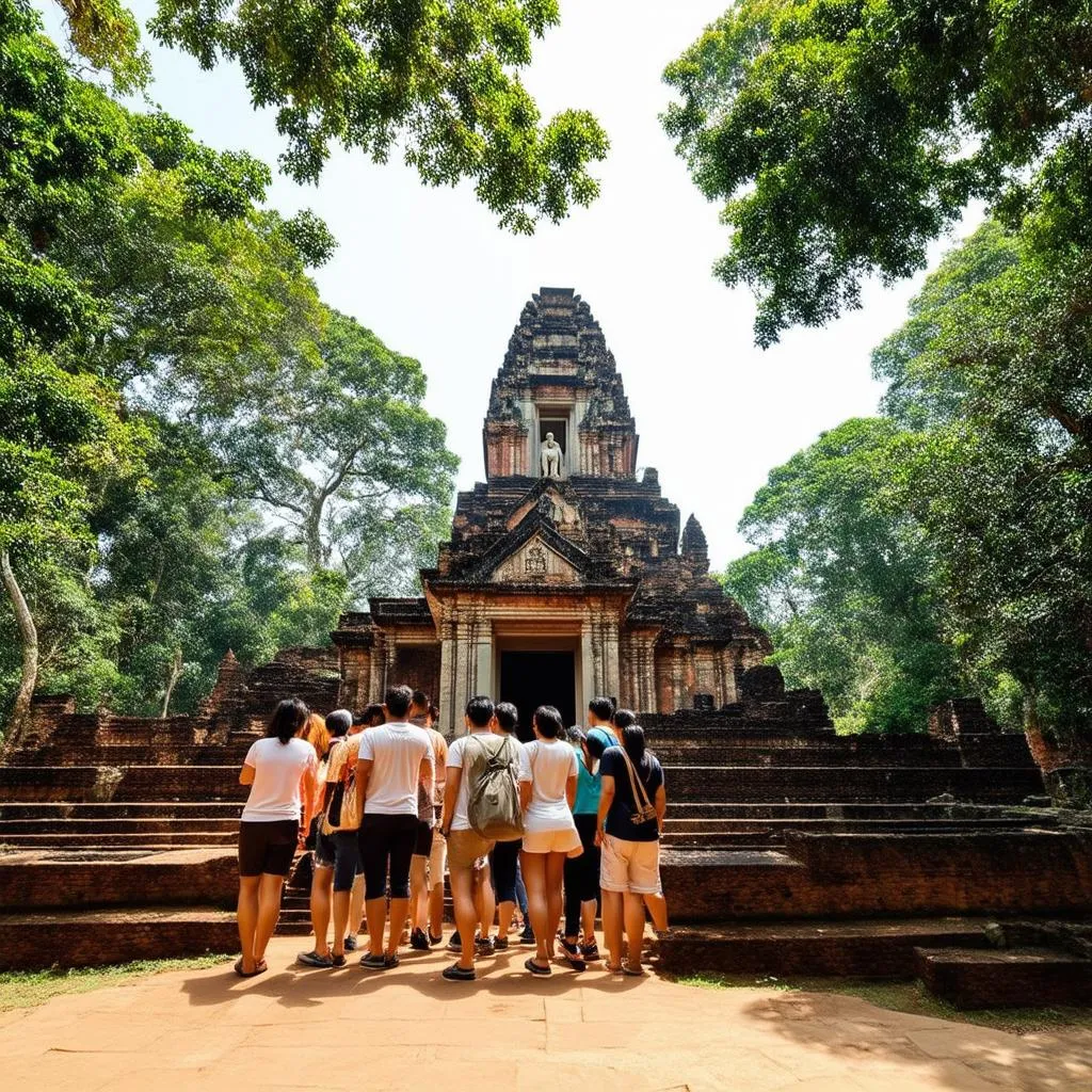 Group of tourists exploring ancient temple