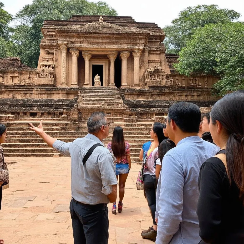 Tour Guide Explaining History at Temple