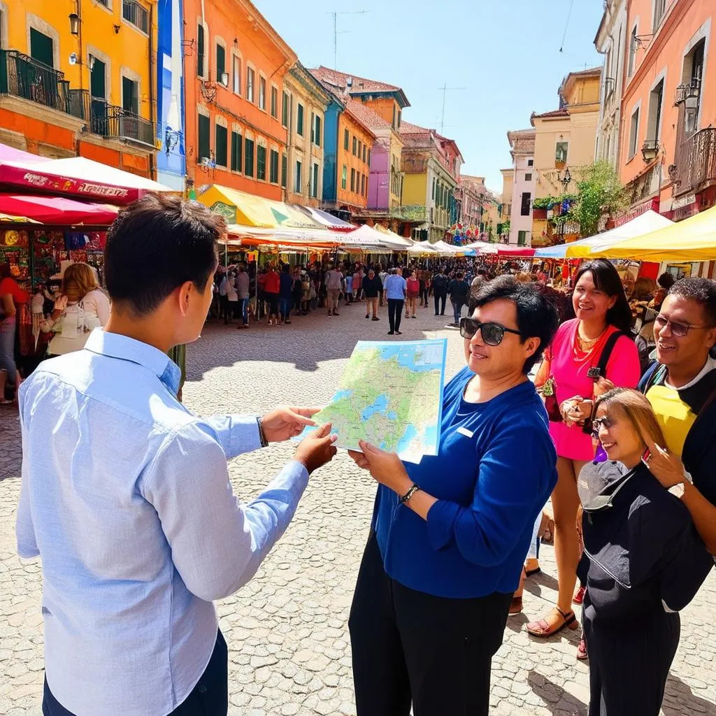 Tour guide explaining a map to a group