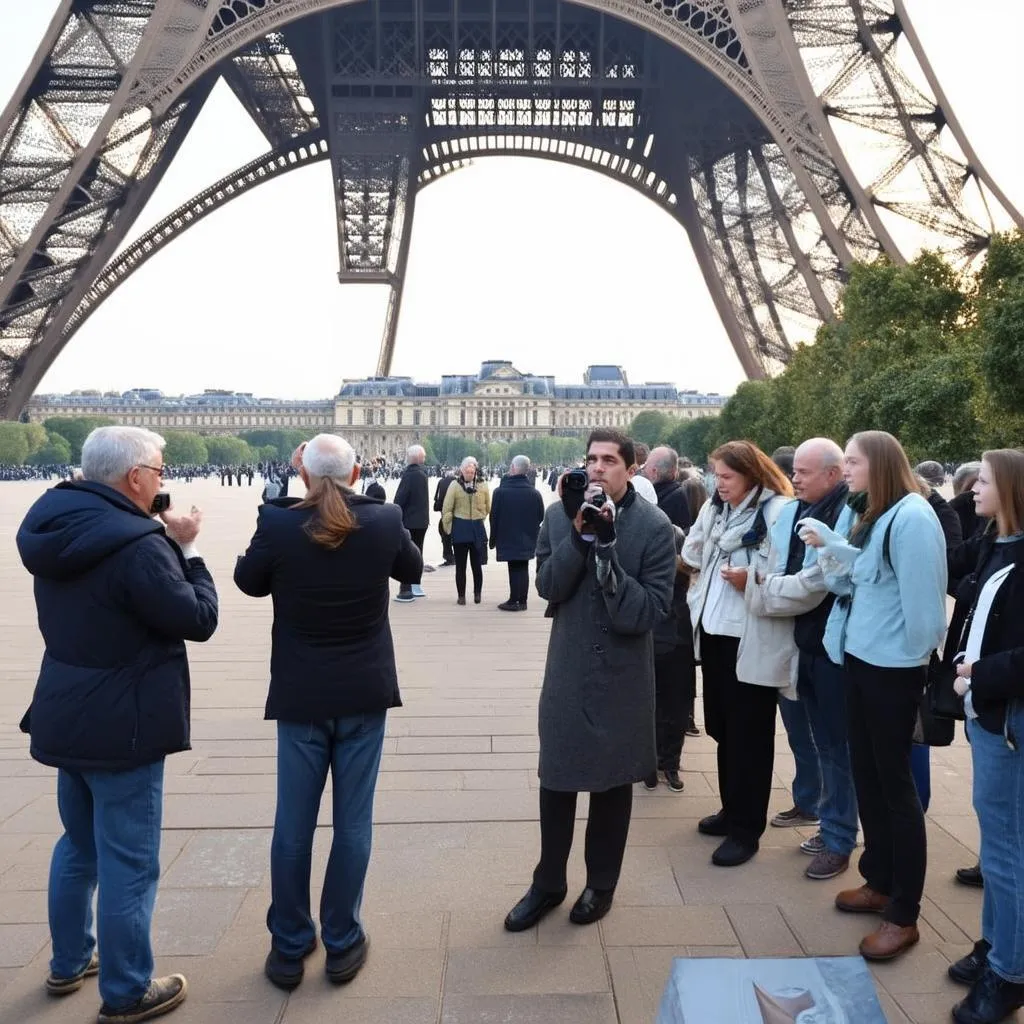 Tour guide explaining the Eiffel Tower