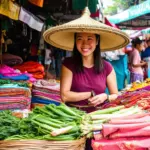 Smiling woman with a conical hat explores a bustling market