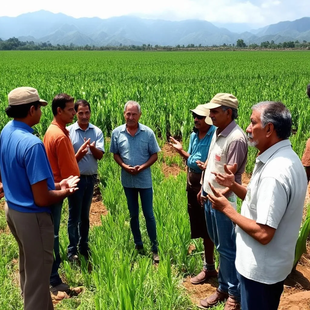 A group of tourists learn about sustainable farming practices from a local farmer