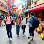 Students exploring a bustling city