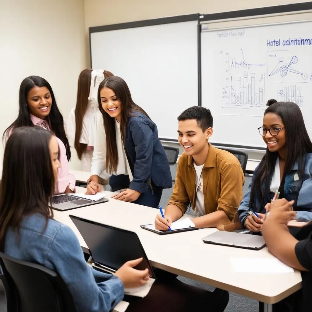 Tourism students in a classroom learning about hotel management