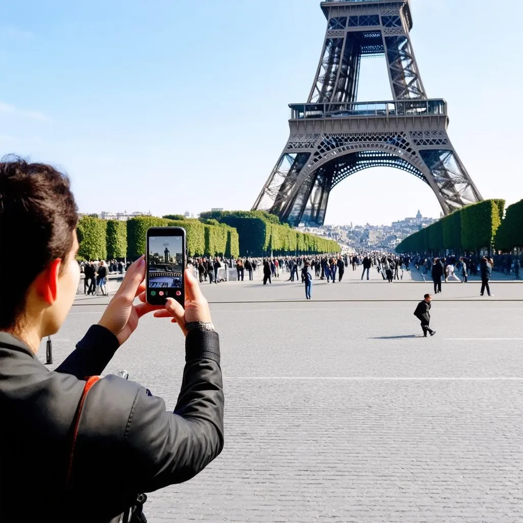 tourist taking photos of the eiffel tower