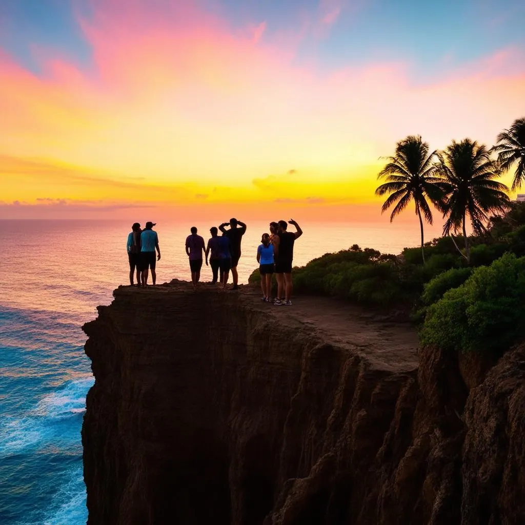 tourists enjoying sunset