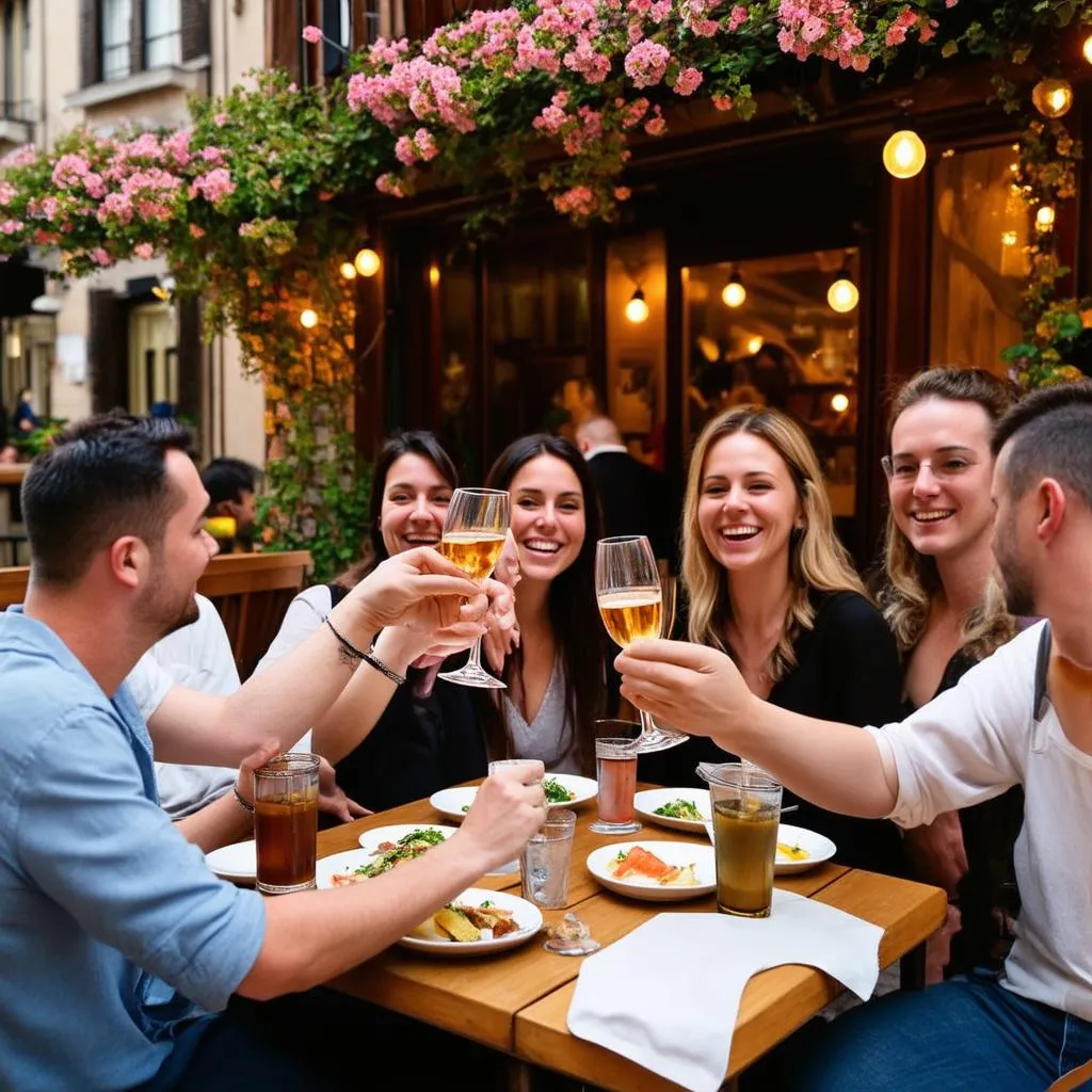 tourists enjoying meal