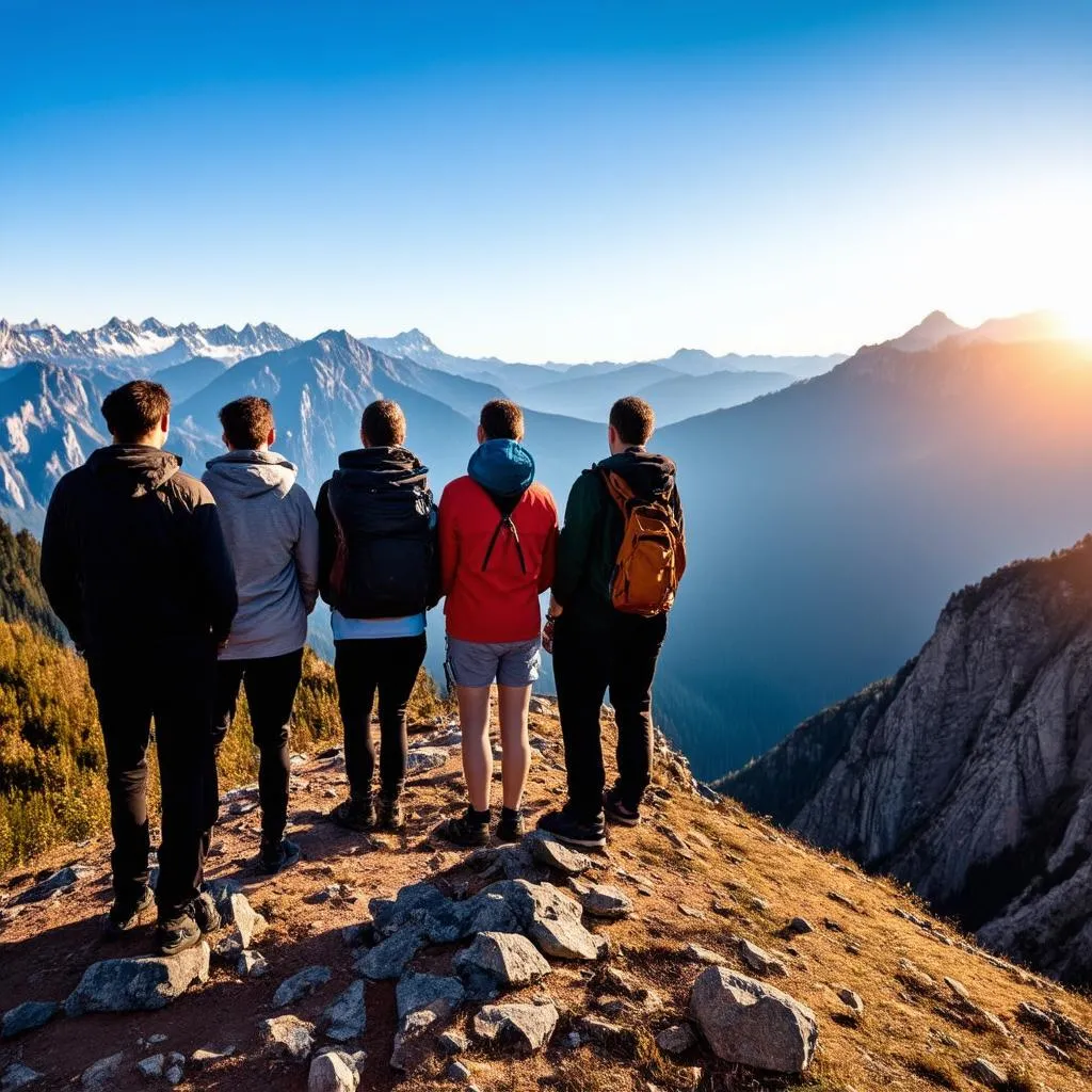 Tourists Enjoying Sunrise Over Mountains