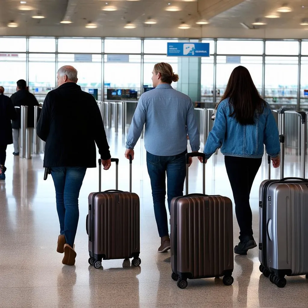 Tourists with Suitcases in Airport Terminal