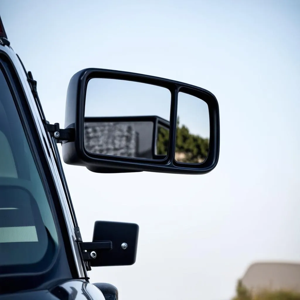 Towing mirrors attached to a vehicle