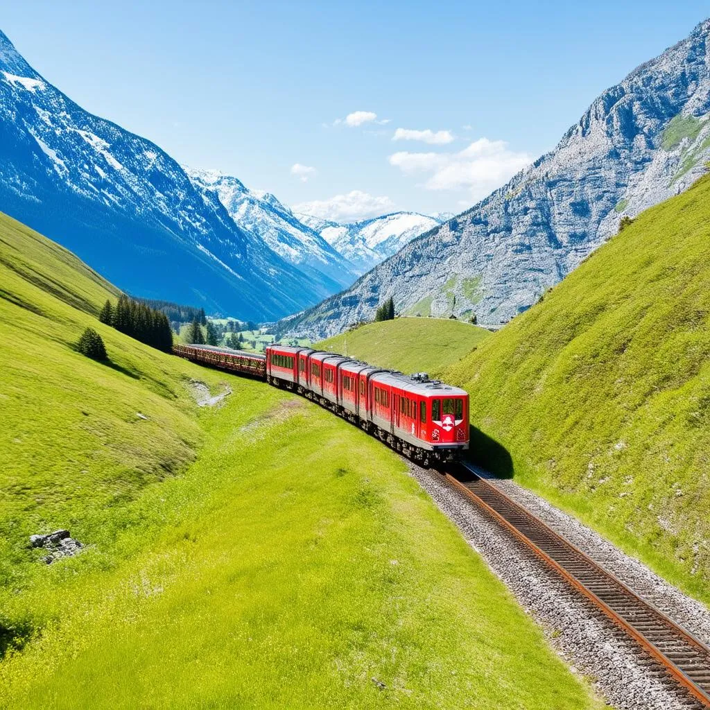 Train traveling through the Swiss Alps