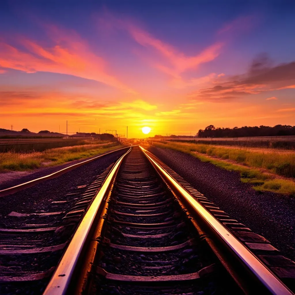 Train tracks leading towards the sunset