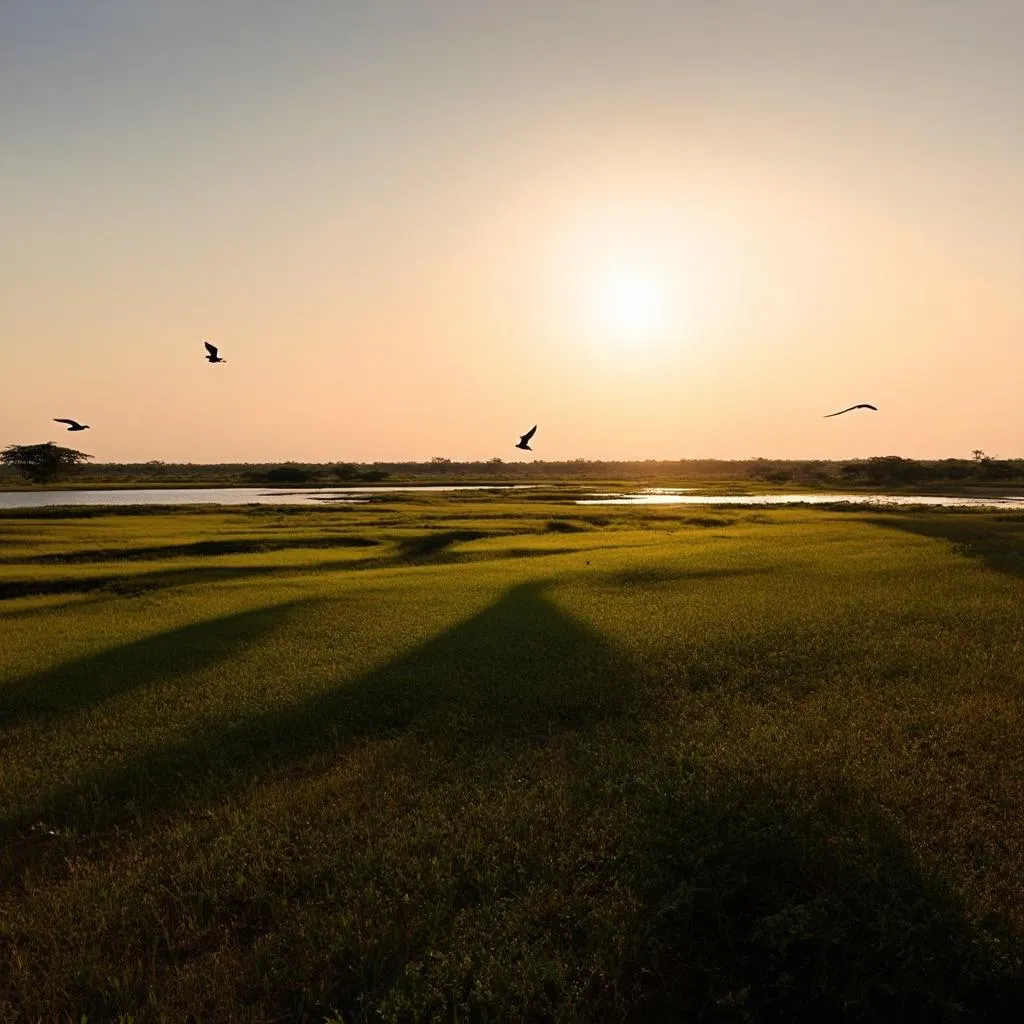 Silhouette of birds flying over Tram Chim National Park at sunset